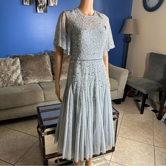 Mac Duggal 93655 Powder Blue Cape Sleeve Beaded Tea Length A-Line Dress 6 NWT - Picture 7 of 16